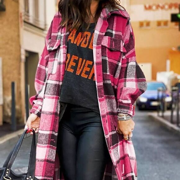 NEW!! Beautiful Boho Pink Black Plaid Flannel Shacket Jacket Maxi Length Shirt - Picture 3 of 5
